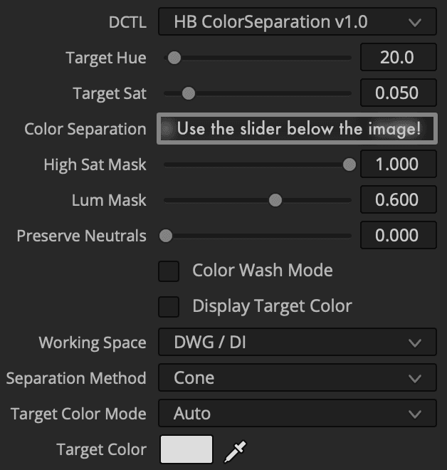 Color Separation DCTL User Interface