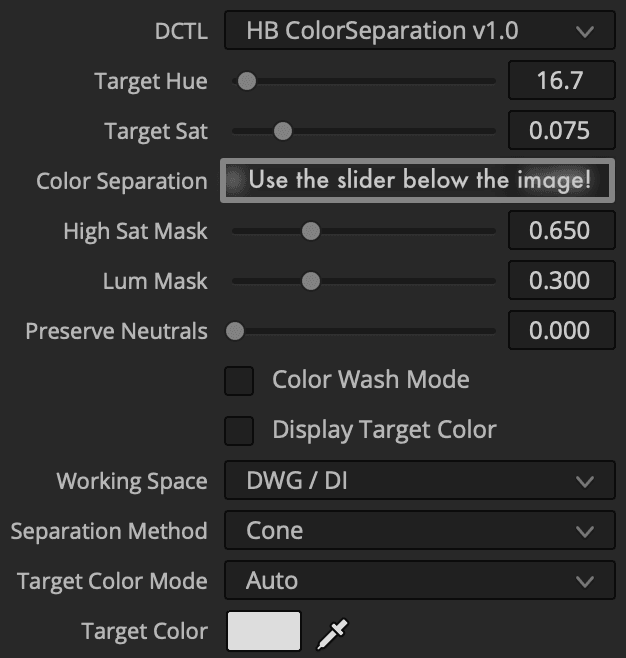 Color Separation DCTL User Interface