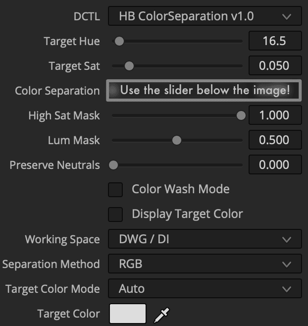 Color Separation DCTL User Interface